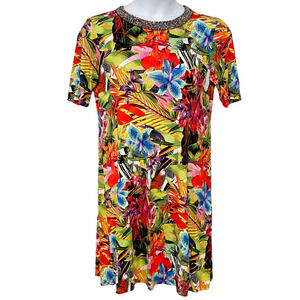 Investments Petite Sz LP Shift Dress Tropical Print Stretch Knit Beaded Neckline
